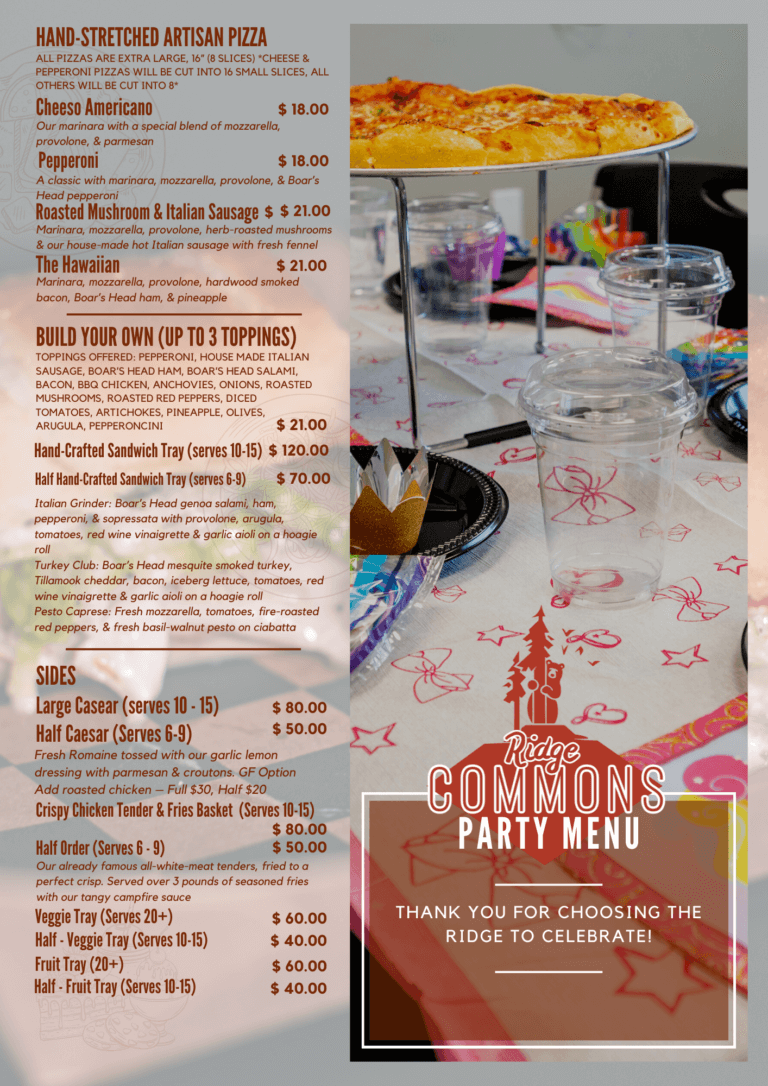Party Menu The Ridge Activity Center